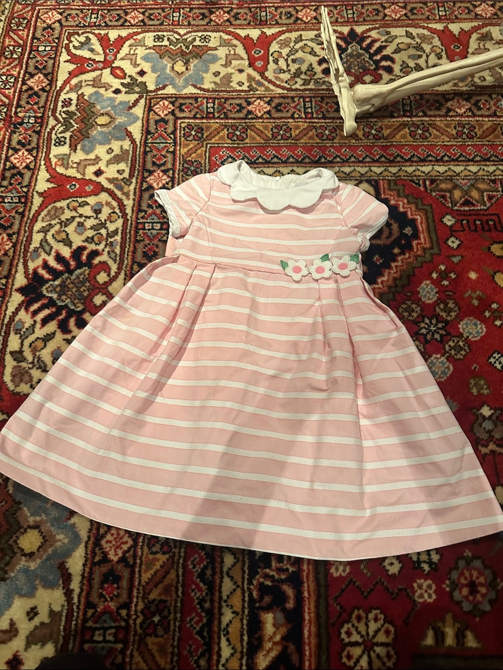 Florence Eiseman Pink and White Striped Dress with Floral Applique